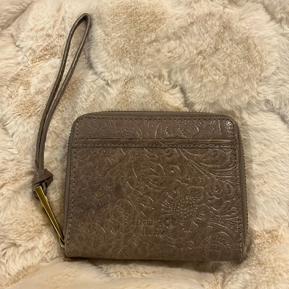 Margot New York Cyrus Slim Zip Around Wristlet Wallet Clutch Gray Tooled Leather